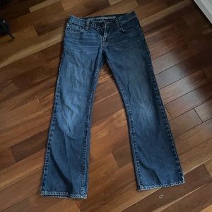 old navy jeans, slightly flared at the bottom, comfortable, dark blue